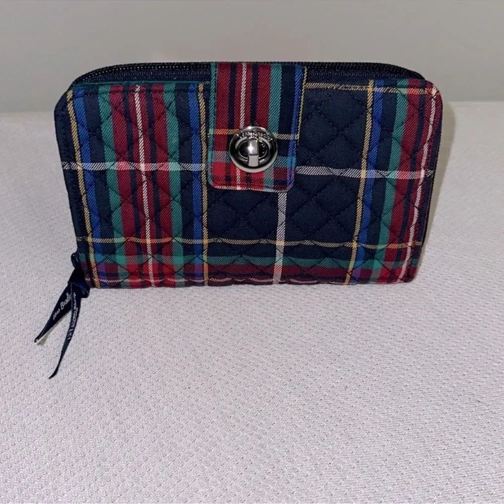 Vera Bradley Tartan Plaid Navy Green Red Turn Lock RFID Large Wallet - Picture 3 of 13